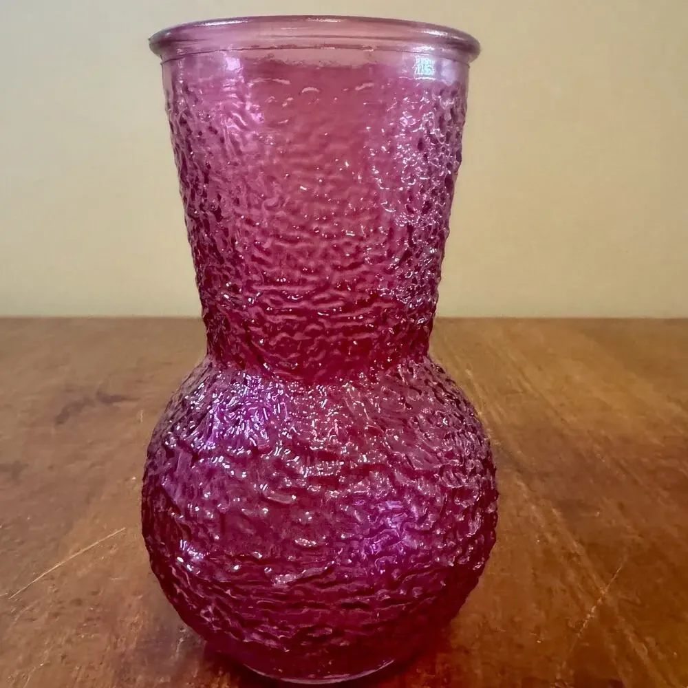 Vintage Cranberry Pink Textured Art Glass Vase Bulb Base 8” Made in China